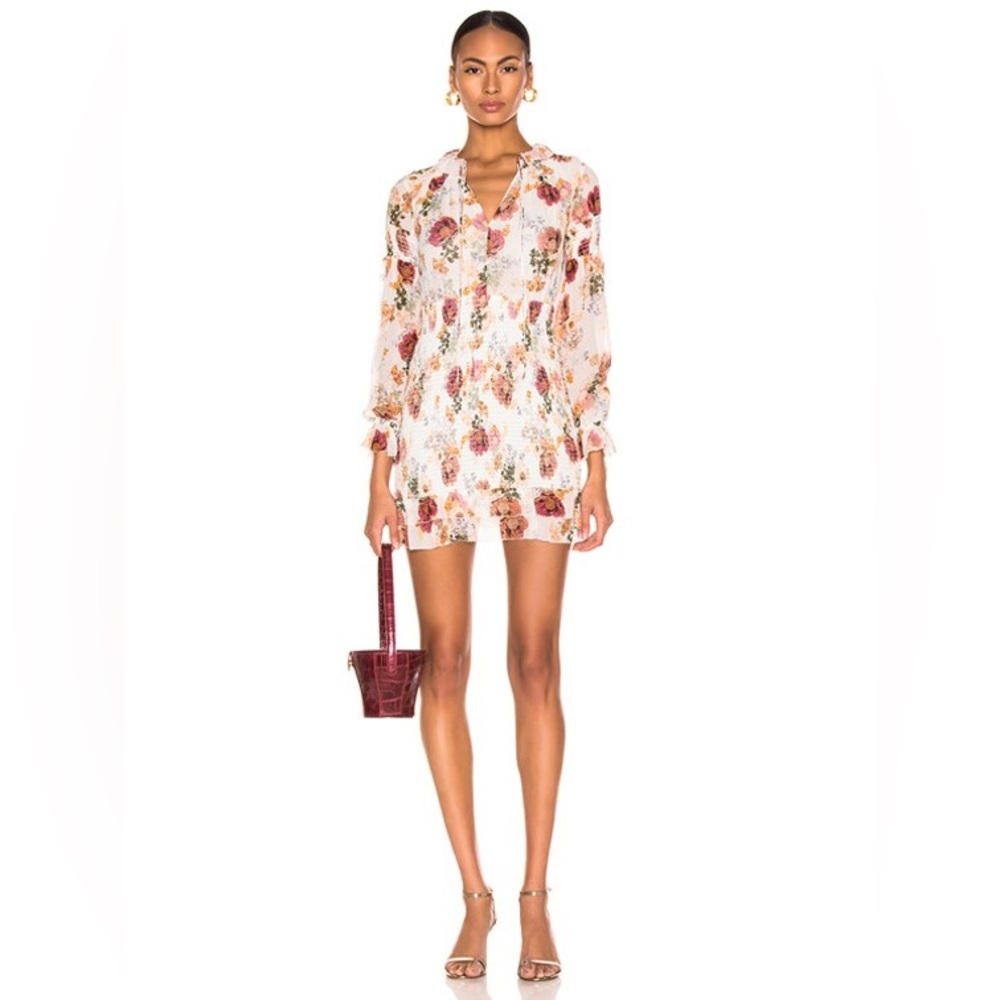 NICHOLAS Floral Smocked Mini Dress Romantic Long Sleeve Silk Blend Size US 6